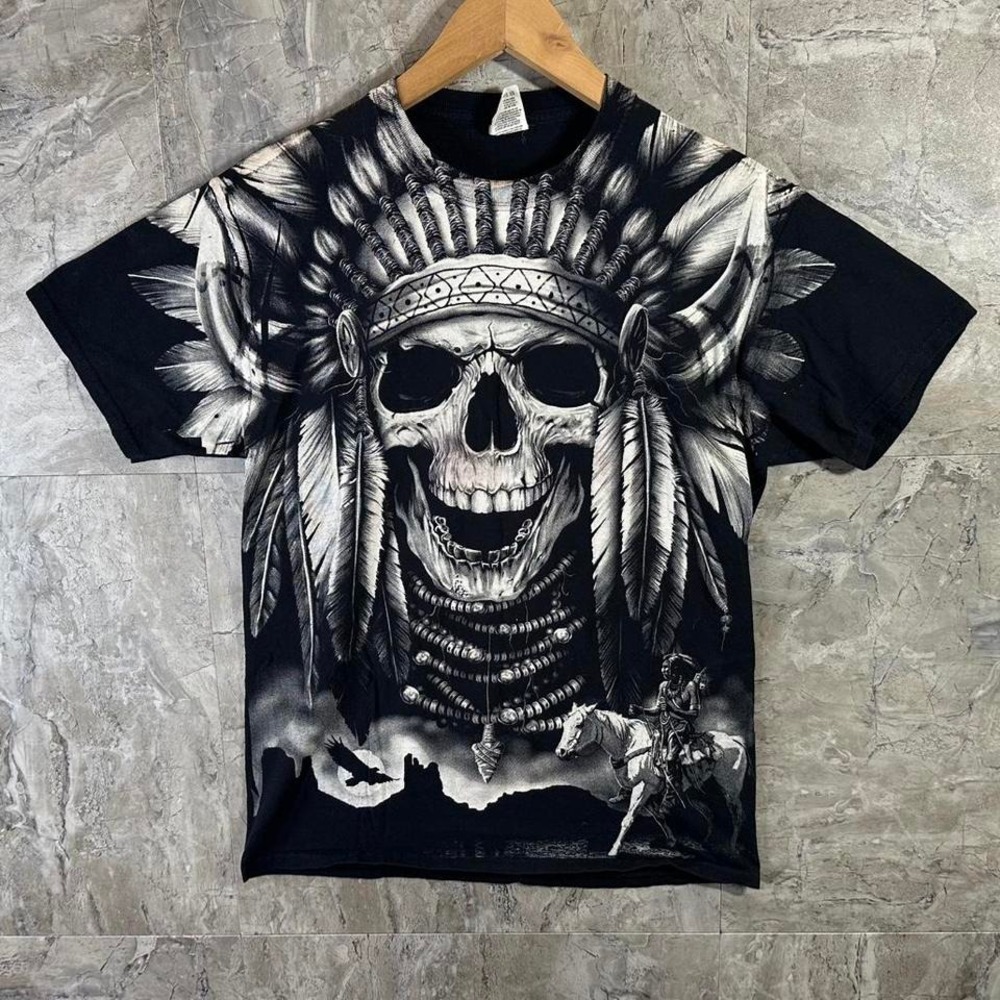 Vintage Y2K Skull Headdress Native American Western All Over Print Tee M